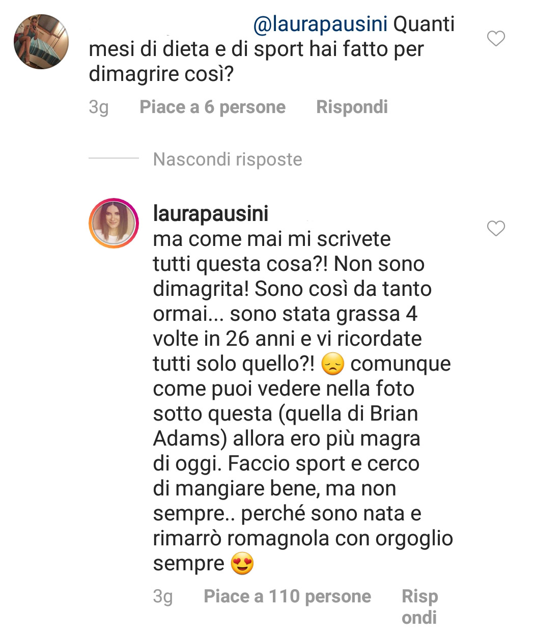 Commento di Laura Pausini su Instagram
