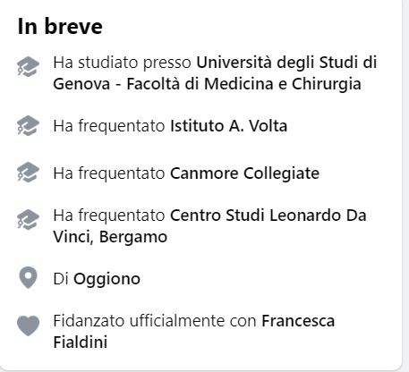 Le informazioni di Milo Brunetti su Facebook