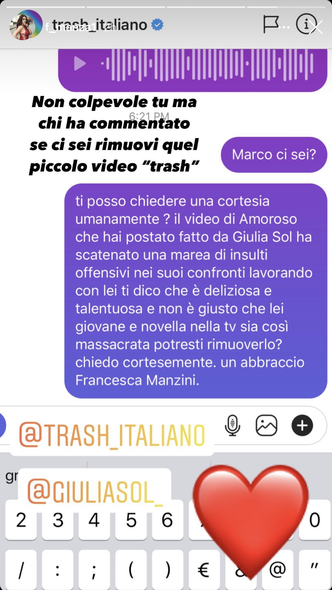 Francesca Manzini esorta Trash Italiano di togliere il video