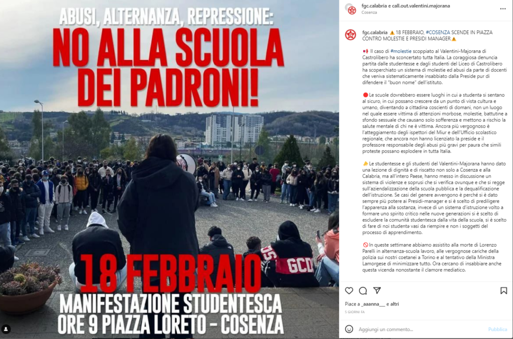 Molestie al liceo di Castrolibero Foto Instagram